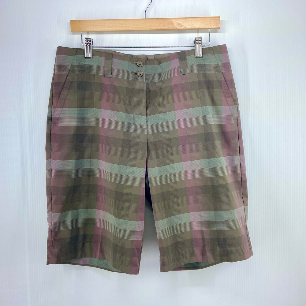 Nike Golf Dri Fit Taupe Pink Plaid Bermuda Shorts Womens 12
